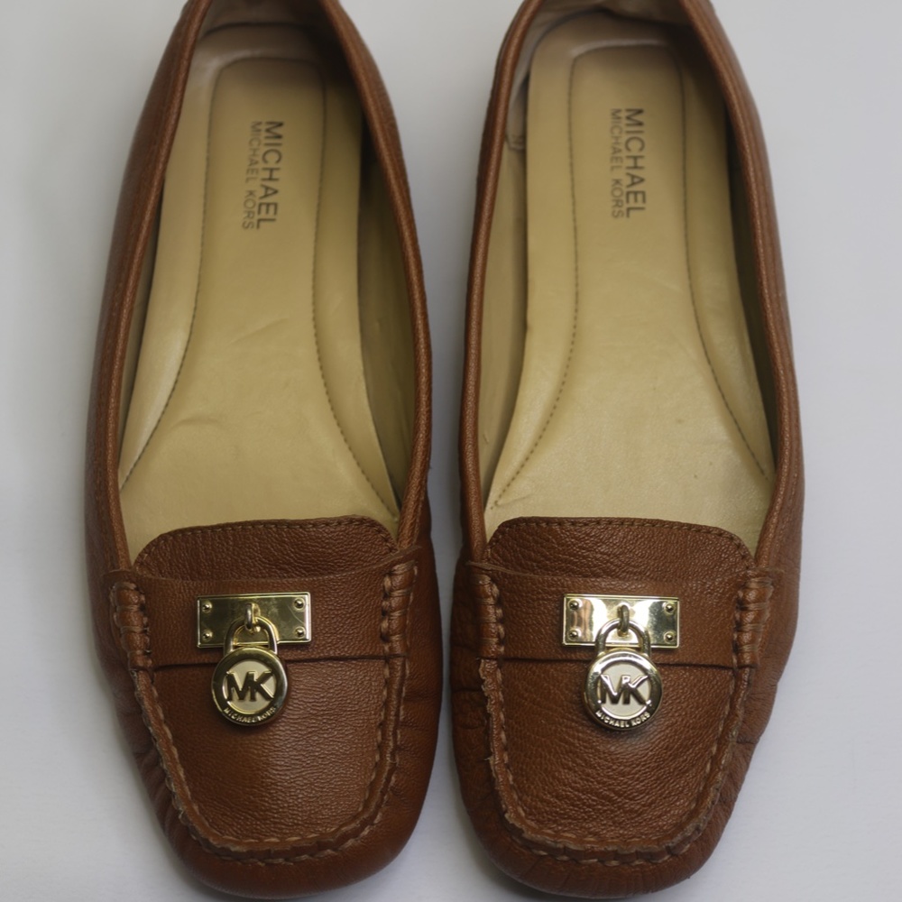 Michael Kors Brown Leather Loafers with Gold Colored toe decoration